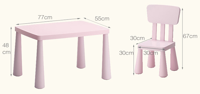 儿童课桌椅-早教中心儿童桌椅手工桌椅-课桌-绘画桌椅-课桌椅-桌椅-儿童桌椅-家具-活动桌椅-塑料-PP-油漆-粉色-紫色-蓝色-桌面-椅子-产品尺寸图