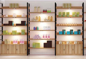 化妆品木质展示架制作-上海品美展柜厂