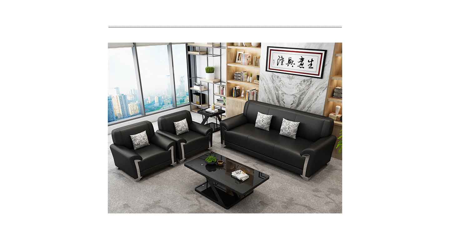 上海商务真皮沙发 黑色真皮办公沙发 接待真皮沙发茶几组合产品场景图